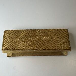 Bijoux Terner gold satin evening clutch handbag beaded detailing with strap NWT